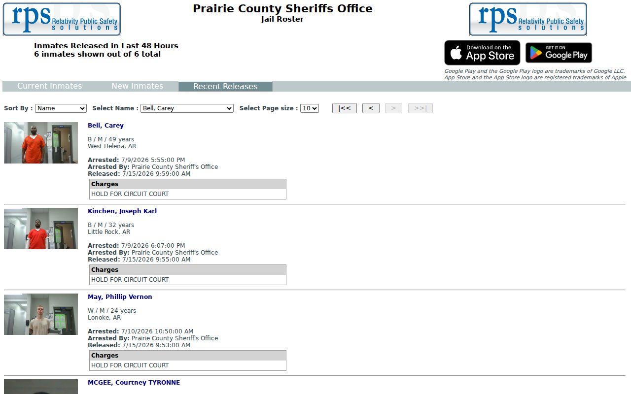 Prairie County arrest records recent releases roster