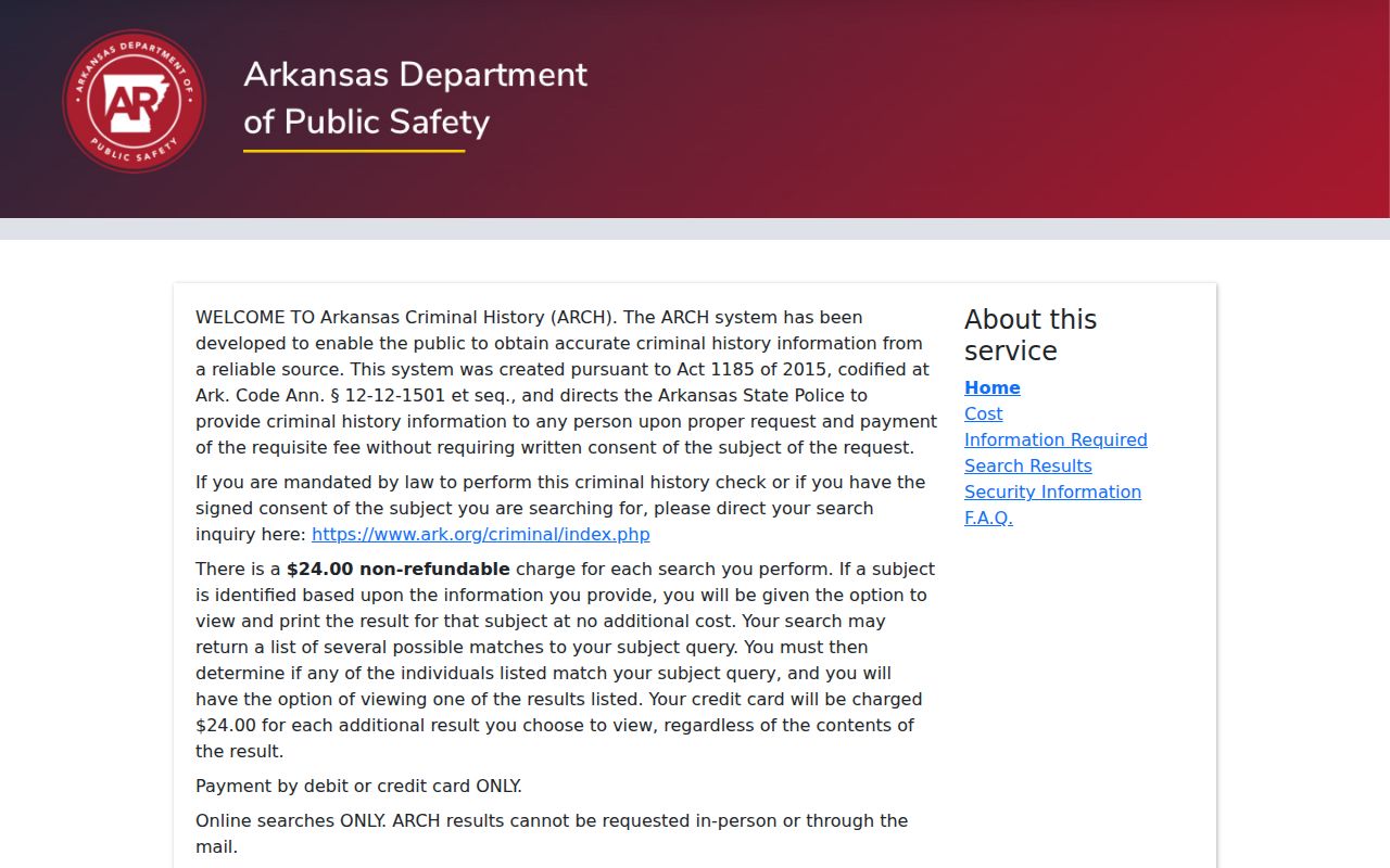Arkansas Criminal History ARCH public search page