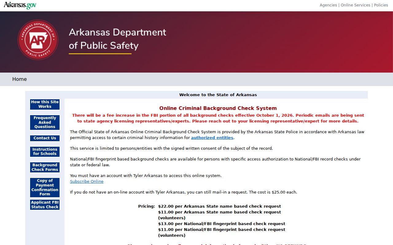 Arkansas Online Criminal Background Check System login and pricing