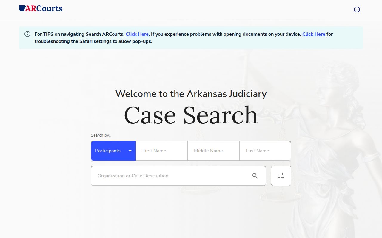 Search ARCourts participant and case search interface