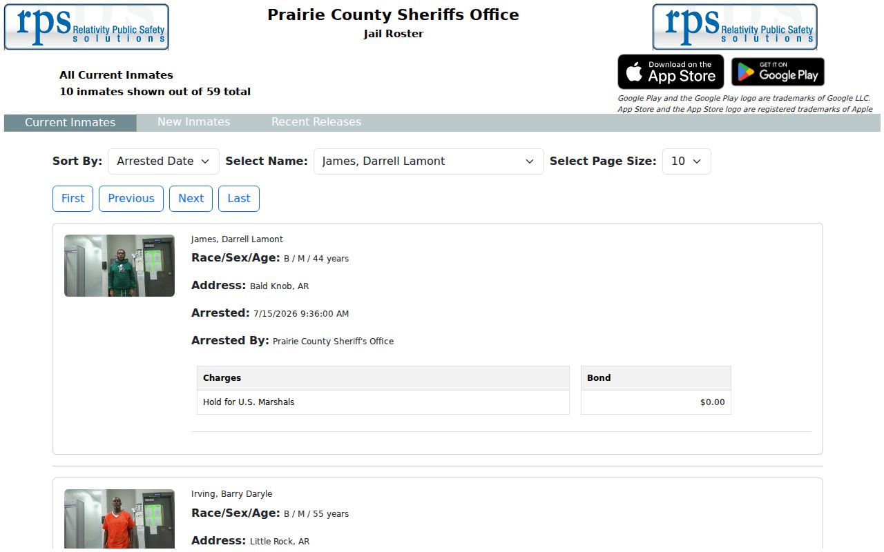 Prairie County Sheriff current inmate roster controls