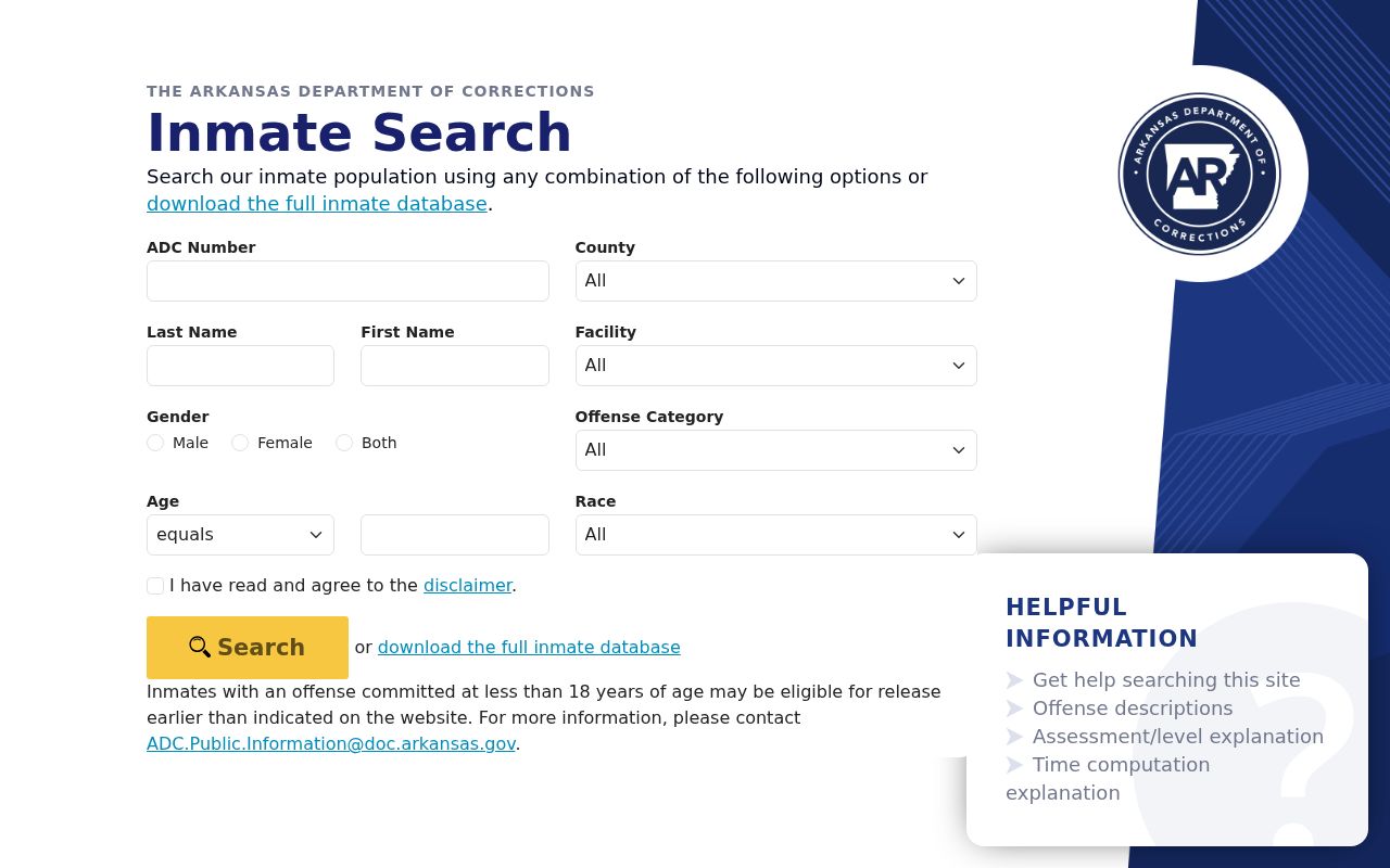 Arkansas Department of Corrections inmate search filters