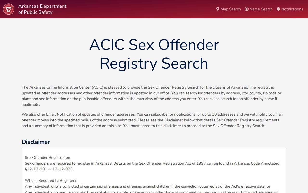 Arkansas Sex Offender Notification System public search interface